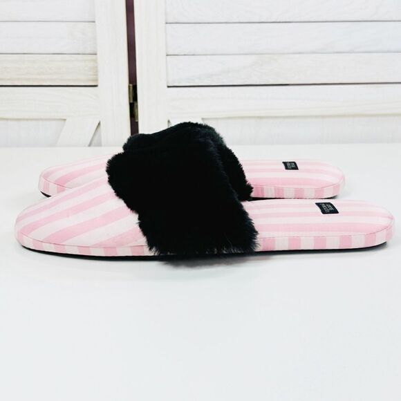 Victoria’s Secret Faux Fur Trim Striped Slippers Pink Black Large - Picture 2 of 11
